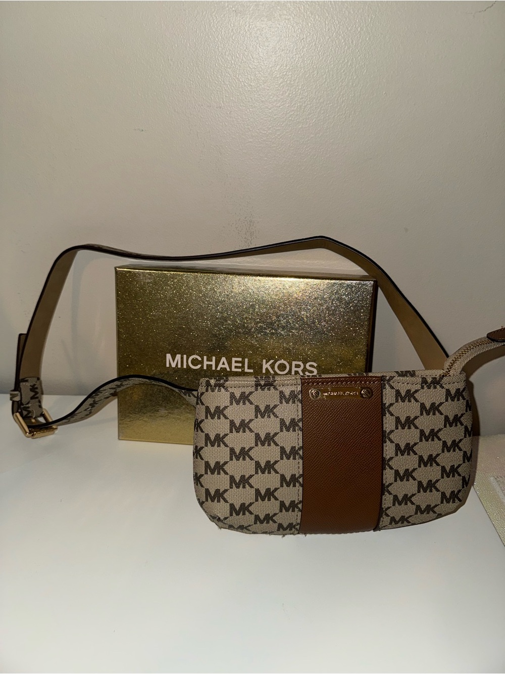 Michael Kors Beige & Brown MK Logo Crossbody Belt Bag with Gold Box